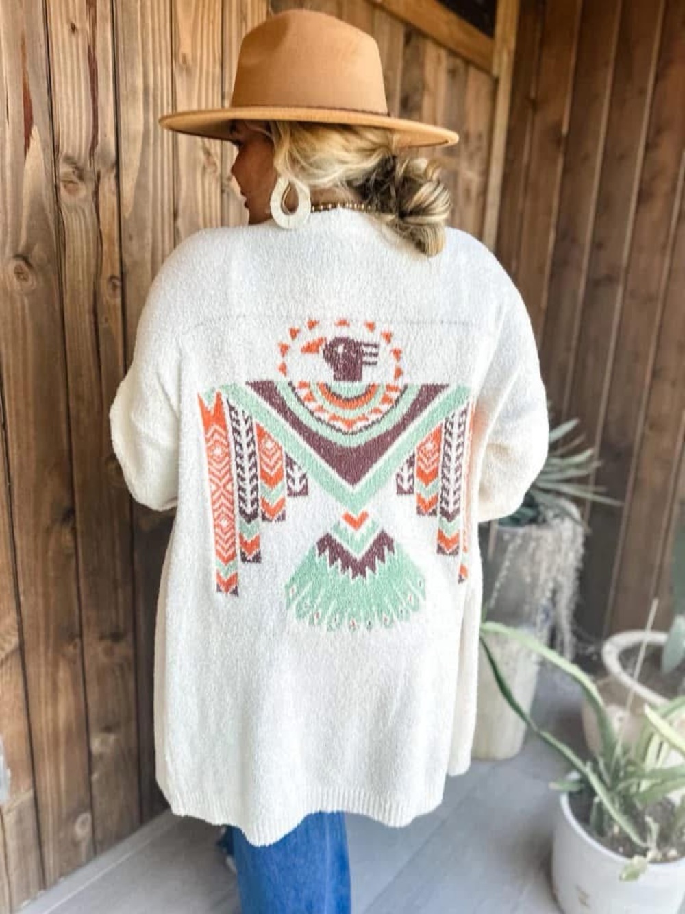 Blakeley OS Cream Chenille Fuzzy Oversized Cardigan Southwestern Bird Boho
